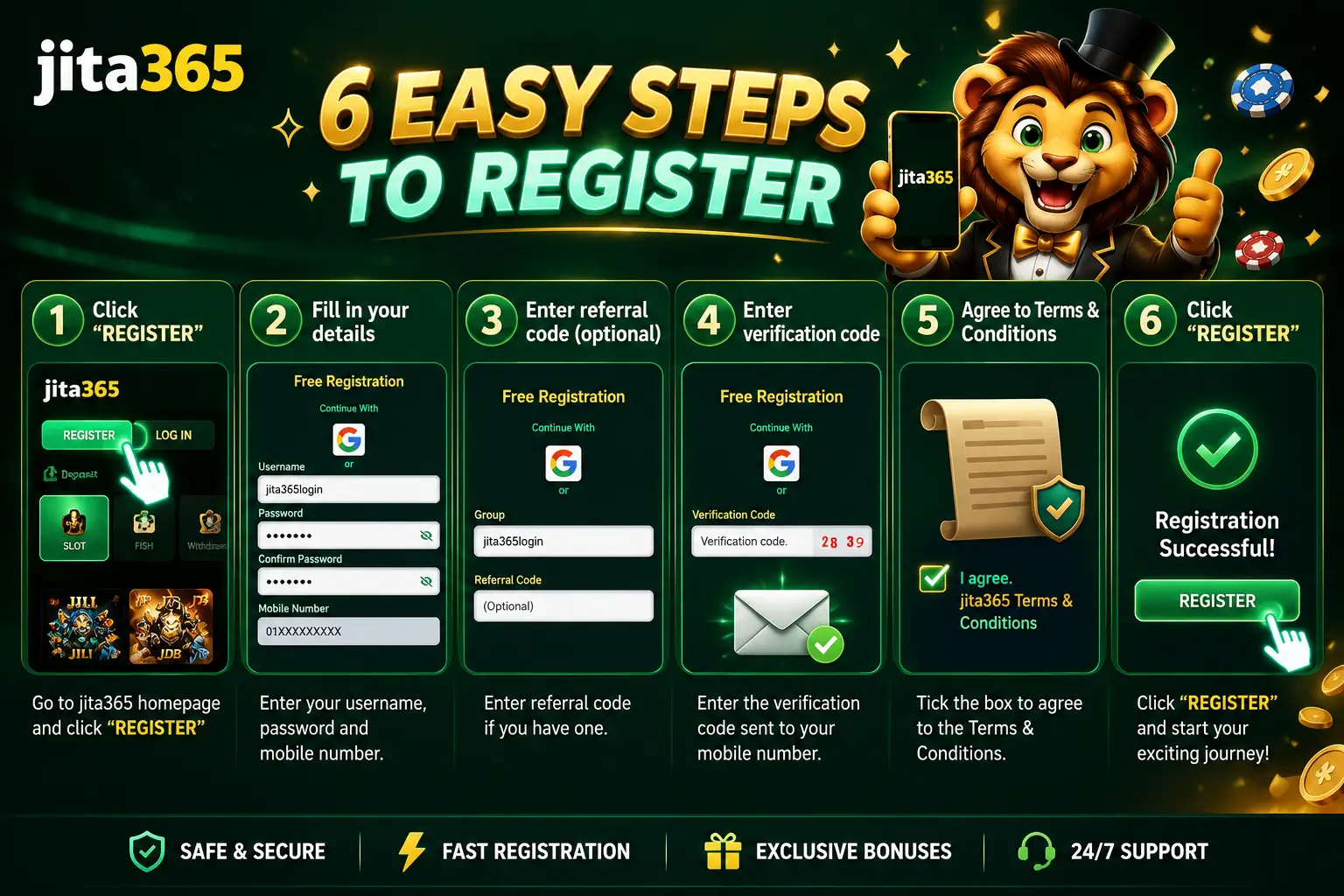 Jita365 registration: 1 Click Register, 2 Fill details, 3 Referral code optional, 4 Verification code, 5 Agree to Terms, 6 Click Register — Registration Successful.